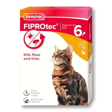 Beaphar - FIPROtec Spot-On Flea & Tick Treatment for Cats - 6 Pipettes - Kills Fleas & Ticks - Veterinary Medicine – Easy to Apply Monthly - For Cats & Kittens from 8 Weeks Old, Weighing Over 1kg