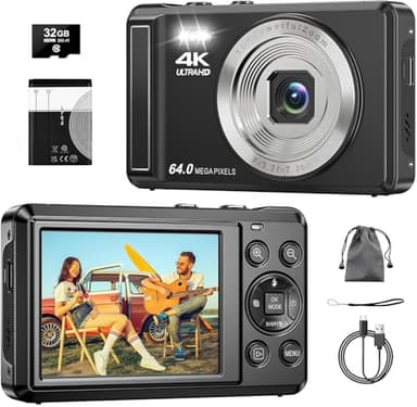 4K Digital Camera, 2.8 Inch 64MP UHD Compact Camera with 32GB Card, 1200mAh Battery, 16X Digital Zoom Mini Autofocus Vlogging Camera for Kids, Beginners, Teenagers