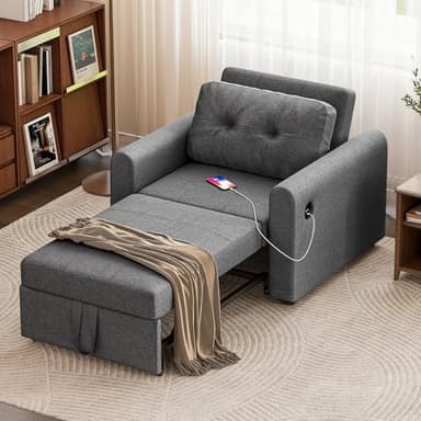 Luxstein Single Sofa Bed, 3-in-1 Convertible Sleeper Sofas Chair with Adjustable Backrest, USB Port and Side Pockets, Pull Out Sofa Beds for Living Room Guest Room Office, Grey
