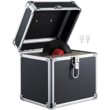 CROWNSHOP LP Storage Case 7" Record Storage Box 7" Vinyl LP Storage Box Case Aluminum Portable Lockable DJ Flight Carry Case Holds 100pcs Albums Vinyl Record Storage (Black 7 inches 50pcs)
