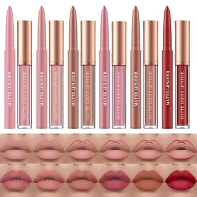 12 Pcs Liquid Lipstick Lipliner Set Nude Lipliner Matte Lipstick Long Lasting Non-Fading Waterproof Lip Glosses Makeup Set Gift For Women (Set C)