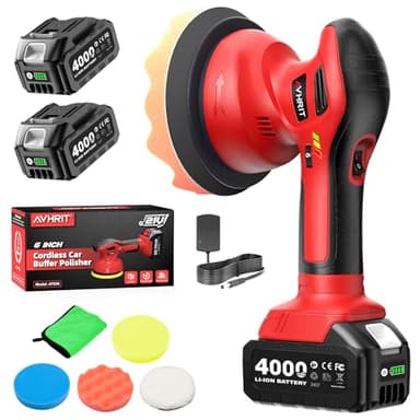 Avhrit Cordless Car Polisher, 4000mAh 21V Batteries, 6-Inch Car Polishing Machine, 8mm Orbita Car Buffer Waxer Kit, 6 Variable Speeds (MAX 6000RPM) for Scratch Detailing, Boat Care, Waxing