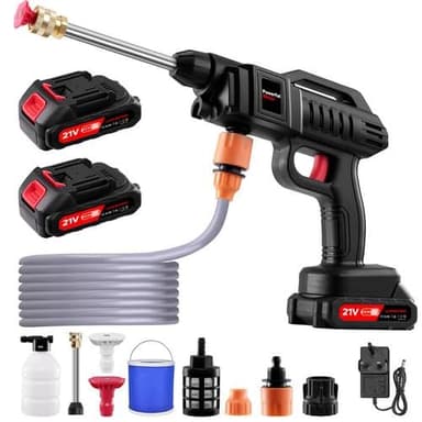 21V Pressure Washer Cordless, 1500W Portable Jet Washer Cordless with 2*Battery, 60Bar/870 PSI High Power Machine with 2 Nozzles Kit 5M Hose for Washing Cars,Floor,Garden with bucket