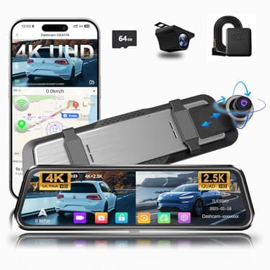 Mirror Dual Dash Camera, 4K Front and 2.5K Rear View Mirror Car Recoder for Cars with 5.8GHz WiFi, G-Sensor, Night Vision, Reverse Assist Include 64GB Card