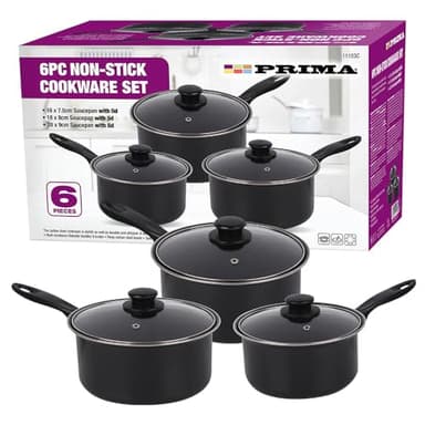 6pc Non Stick Cookware Set with Lids & Bakelite Handle - Carbon Steel Cooking Pan Saucepan Set Pot and Frying Pans | Suitable for Gas, Electric, Halogen and Solid Hotplates - Tempered Glass Lid, Black
