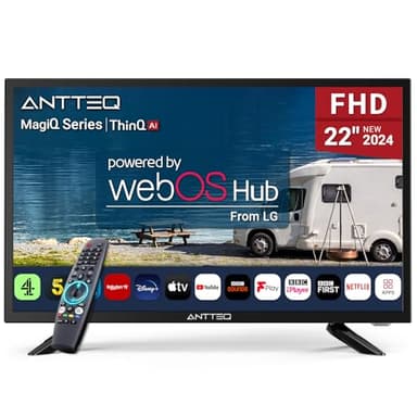 Antteq 22 Inch FHD Smart TV 12V, WebOS 12 Volt Television with AI Voice Control Remote, BBC Freeview Netflix Airplay, HDMI/USB, Small Travel Screen for Caravan Truck Boat Motorhome