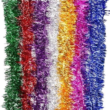 KFSCIP 7 Articles Tinsel, Green Chunky Metallic Shiny Garland Christmas Tree Hanging Decorations For Xmas Holiday Indoor Outdoor Party Decor (7 colors)