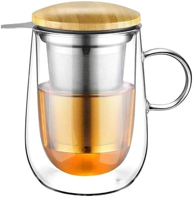 glastal 430 ml Double Wall Glass Tea Cup with Stainless Steel Infuser Teacup Borosilicate Heat Resistant Glass Tea Cup with Handle for Tea Milk Juice Ice Cream in Home or Office