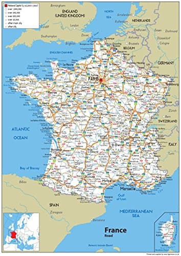 Road Map of France - Size A1-59.4 x 84.1cm - Paper Laminated