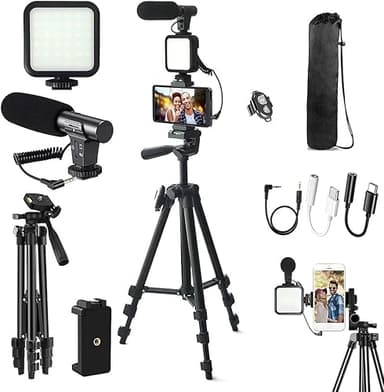 Ultimate Vlogging Kit: 50" Extendable Tripod, Microphone, Light, Remote for iPhone/Smartphone/Cameras - Perfect YouTube Starter & Studio Creator Video Maker Kit