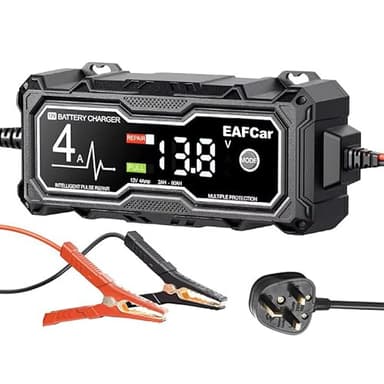 EAFCar 4Amp 12V Car Battery Charger, Trickle Charger for Car, Motorcycle, Boat, Mower Battery with Intelligent Charging, Repairs, Maintains Lead Acid Batteries