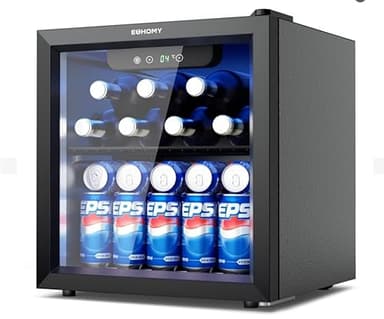 EUHOMY Beer Fridge with Glass Door, Mini Drinks Fridge 55 Can, Wine Fridge with Blue LED, Beverage Refrigerators, Removable Shelves for Bar/Home/Office/Dorm, Black, 36 L [Energy Class G]