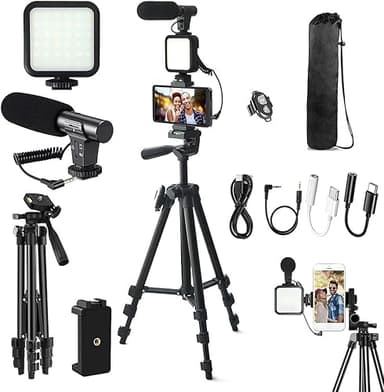 Ultimate Vlogging Kit: 50" Extendable Tripod, Microphone, Light, Remote for iPhone/Smartphone/Cameras - Perfect YouTube Starter & Video Maker Kit (Android and iPhone Compatible, Rechargeable LEDs)