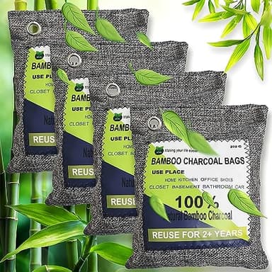 RUN HELIX Bamboo Air Purifying Bags, activated charcoal odour absorber, odour eliminator, shoe deodorizer, Used for Home, Car, Closet, Pet, Fridge, Smoke Room Deodorizer （4x200g）