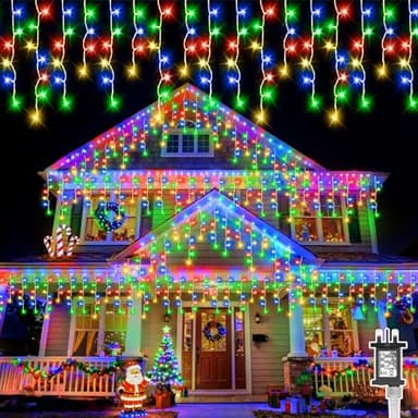 Icicle Lights Outdoor, Gcstnn 20M 480LEDs Icicle Christmas Lights Mains Powered with Timer &Waterproof&Memory Hanging Fairy Light for Outside House Gutter Roof Window Wall Xmas Decorations-Multicolour