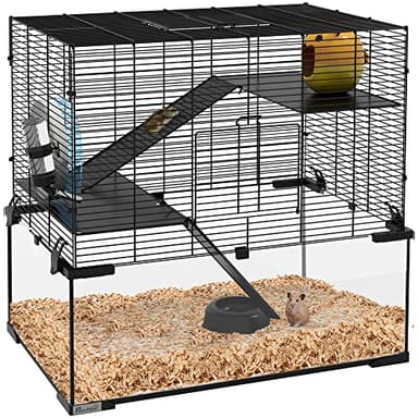 PawHut 3 Tiers Hamster Cage, Gerbil Cage with Deep Glass Bottom, Non-Slip Ramps, Platforms, Hut, Exercise Wheels, Water Bottle, Dish, for Syrian and Dwarf Hamster, 60 x 40 x 54.5cm