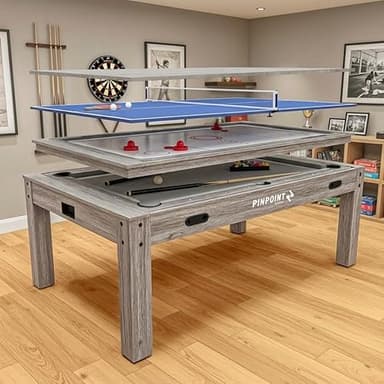 PINPOINT 4-in-1 Multi Games Table – Pool, Air Hockey, Table Tennis & Tabletop Games – Full Size 7ft Indoor Table with Accessories Included – Grey Driftwood Finish for Games Rooms & Family