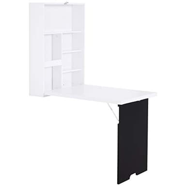 HOMCOM Folding Wall-Mounted Drop-Leaf Table, Convertible Wall Table With Chalkboard and Storage Shelf, Multifunctional Floating Desk for Home Office, White