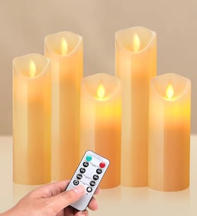 XEMQENER LED Candles, 5PCS Ivory Flameless Pillars With Real Wax, Battery Operated Flickering Flame With Remote Timer Dimmer, Realistic Dancing Fake Candles for Wedding Festival Decor