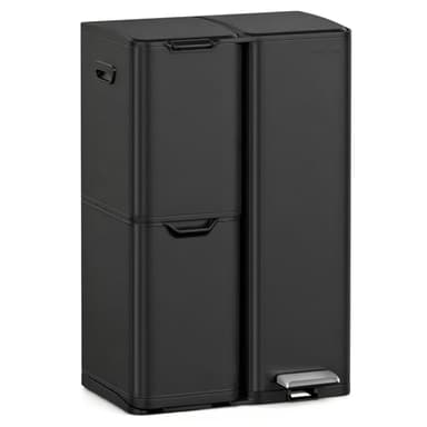 mVm Kitchen Bin,60L Triple Rubbish Bin,3 Compartment Stainless Steel Pedal Bin,Recycling Bin with Soft-Close Lids and Plastic Inner Buckets,Fingerprint Proof,Odour Seal,Large Capacity Trash Can