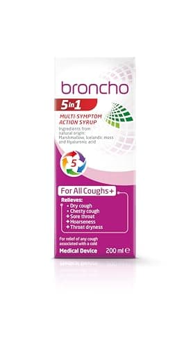 Broncho 5in1 Multi-Symptom Action Syrup (200ml) relieves all coughs and sore throat assosciated with a cold. Alcohol and sugar free