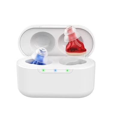 Clarity CIC Rechargeable Hearing Amplifiers for Adults | Invisible Discreet In-Ear Sound Amplifiers with Noise Reduction & Charging Case – Red & Blue, 140h Battery