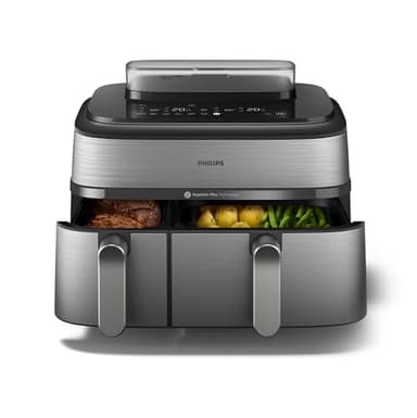 Philips Airfryer 5000 Series Dual Basket with Steam - Unique Steamfry, Steam & Airfry - 19 Ways to Cook; 9L Capacity (3L + 6L), RapidAir Plus Technology, Auto SteamClean (NA555/09)
