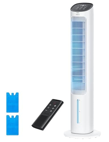 Dreo 40“ Evaporative Air Cooler, 35dB Silent Cooling Fan that Blow Cold Air, 80° Oscillating Bladeless Tower Fan for Bedroom, Removable Water Tank, Ice Packs, Remote Control, 4 Speed, 7H Timer, White