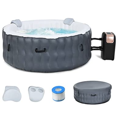 COSTWAY 4-6 Person Hot Tub Spa, 108 AirJet Massage System Outdoor Inflatable Hot Tubs with Headrest, Drink Holder, Pool Cover and Ground Sheet, Quick Heating Smart Filtration Round Hottub (Grey)