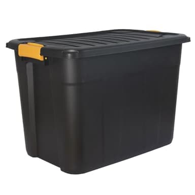 DANIEL JAMES Housewares Heavy Duty Storage Box with Lid - Large Plastic Stackable Storage Boxes with Clip Handles - Lockable BPA Free Indoor Outdoor Garage Storage Trunk Box - Black, 42l