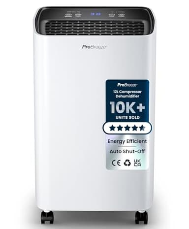 Pro Breeze 12L Compressor Dehumidifier with 2L Water Tank, Laundry Drying & Automatic Humidity Sensor - Portable Mould Remover with 24-Hour Timer for Damp, Black Mould and Condensation