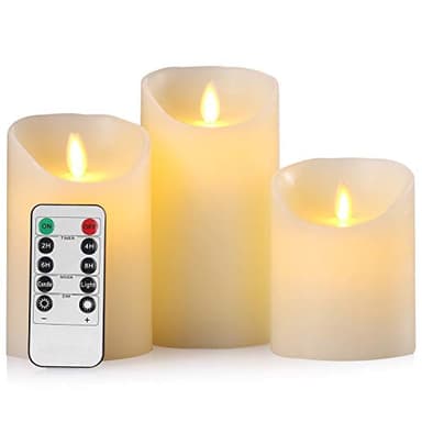 Aku Tonpa Flameless Candles Battery Operated Pillar Real Wax Flickering Moving Wick Electric LED Candle Set with Remote Control Cycling 24 Hours Timer, Pack of 3 (D:7.5cm X H:10, 12.5, 15cm)