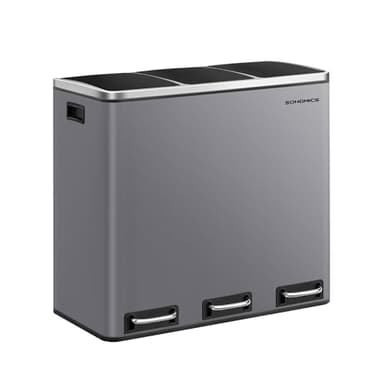 SONGMICS Kitchen Bin, 3 x 18 L Recycling Bin, 3 Compartment Rubbish Bin for Recycling and Waste, 15 Liners Included, Soft-Close Lids, Pedals, Inner Buckets, Steel, Matte Grey LTB054G01