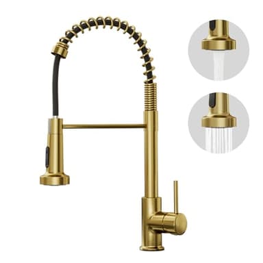 BESy Brushed Gold Kitchen Sink Tap, 2 Function Kitchen Sink Mixer Taps with Pull Out Spray, Brass High-Arc 360° Swivel Single Handle Spring Rv Taps