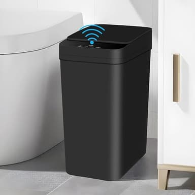 CISSIYOG Black Bathroom Bin with Lid, 12L Touchless Sensor Bin – Slim Automatic Rubbish Bin for Kitchen, Bedroom, Toilet, Office – Smart Motion Garbage Can (black)