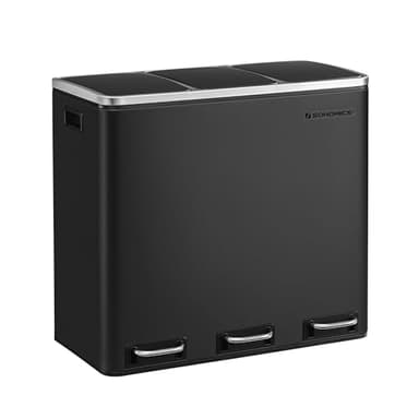SONGMICS Kitchen Bin, 3 x 18 L Recycling Bin, 3 Compartment Rubbish Bin for Recycling and Waste, 15 Liners Included, Soft-Close Lids, Pedals, Inner Buckets, Steel, Ink Black LTB54BK