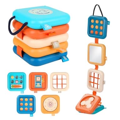 ZCOINS Foldable 5-Panel Activity Busy Cube for Toddlers 18M+, Home & Travel Montessori Sensory Busy Board with Fine Motor Activities, Independent Play Baby Toy Airplane Essentials & Learning Gift