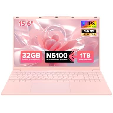 Auusda 15.6 Inch Laptop, 32GB RAM 1TB SSD, Quad-Core Quad-Thread Processor up to 2.8GHz, Full HD IPS Display, Fingerprint Login, Backlit Keyboard, Lightweight Pink Notebook