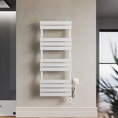 ELEGANT 600W Smart Electric Heated Towel Rail, WiFi-Controlled Wall Mouted Bathroom Towel Warmer & Dryer with Programmable Thermostat, UK Plug, LCD Display, Energy Efficient, White 1250 x 500mm