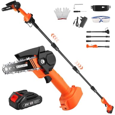 Neulriscn 2 in 1 Cordless Pole Saw & Mini Chainsaw 6 Inch, Cordless Telescopic Chainsaw with 21V Battery and Charger, 2.3m Long Reach, Handheld Electric Pole Saw for Tree Trimming, Branch Cutting