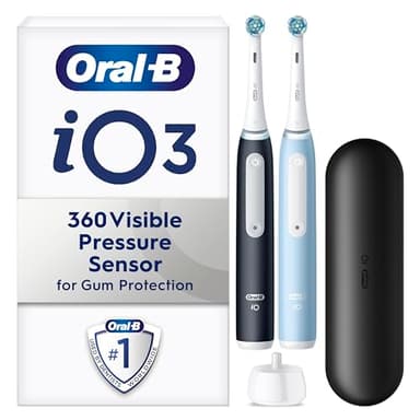Oral-B iO3 2X Electric Toothbrushes For Adults, Gifts For Her / Him, 2 Toothbrush Heads and 1 Travel Case, 3 Modes With Teeth Whitening, 2 Pin Plug, Black and Blue