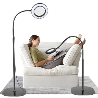 5X 10X Magnifying Glass with Light and Stand, 36 LED Dimmable Floor Magnifying Lamp,2-in-1 Adjustable Gooseneck Lighted Magnifier for Reading, Sewing, Crafts, Close Work etc