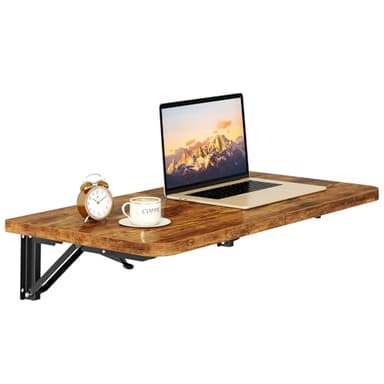 IBUYKE Wall Mounted Folding Table, Floating Wall Desk for Small Spaces, Fold Down Laundry Shelf with Heavy-Duty Brackets, Wall table for Home Office/Bar/Kitchen/Dining, Brown TVT005H