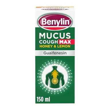 Benylin Mucus Cough Max Honey and Lemon Flavour (1x 150ml), 100 mg/5 ml Cough Syrup, Reduces Cough Intensity, For Deep Penetrating Relief, Cough Medicine for Adults