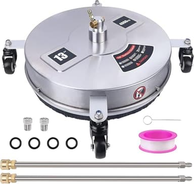 13" Pressure Washer Surface Cleaner with 4 Wheels, Stainless Steel Housing & 1/4" Quick Connector, Power Washer Attachment with 2 Extension Wands, 2 Replacement Nozzles, 4000 PSI (13inch)