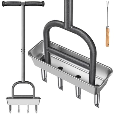 Dolibest Lawn Core Aerator, Hollow Tine Grass Aerating Tool Long Handle Manual Garden Soil Plugger 4 Prong Heavy Duty Coring Aeration Spike Soft Grip with Core Storage Tray & Clay Release Tool