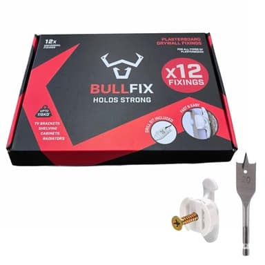 Bullfix Universal Plasterboard Fixings Heavy Duty - Drywall Anchor for Dot & Dab, Stud & Hollow Cavity, Wall Anchor Kit with Screws, Holds Up To 116kg, 20mm Drill Bit - 12 Pack