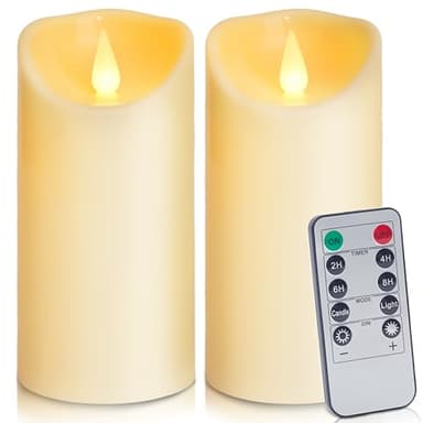 Auralome LED Battery Operated Candles - 6”x3” Remote Control Timer Pillar Candle Flameless Realistic Flickering Large Plastic LED Candle Outdoor Electric Fake Artificial Church Candle Ivory Set of 2