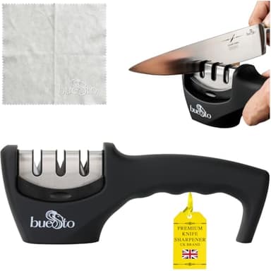 BUESTO Knife Sharpener – 3-Stage Manual Sharpener for Kitchen Knives, Serrated & Stainless Steel – Ergonomic Grip, Non-Slip Base, Restores Razor Sharp Edge – Compact & Gift-Ready Tool