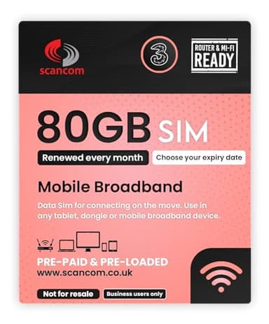 Three 80GB Data SIM – Uncapped 5G Speeds – Renewed EVERY MONTH Until 8th MAY 2026 – No Contract – Ideal for Business Mobile Broadband, Routers & Phone